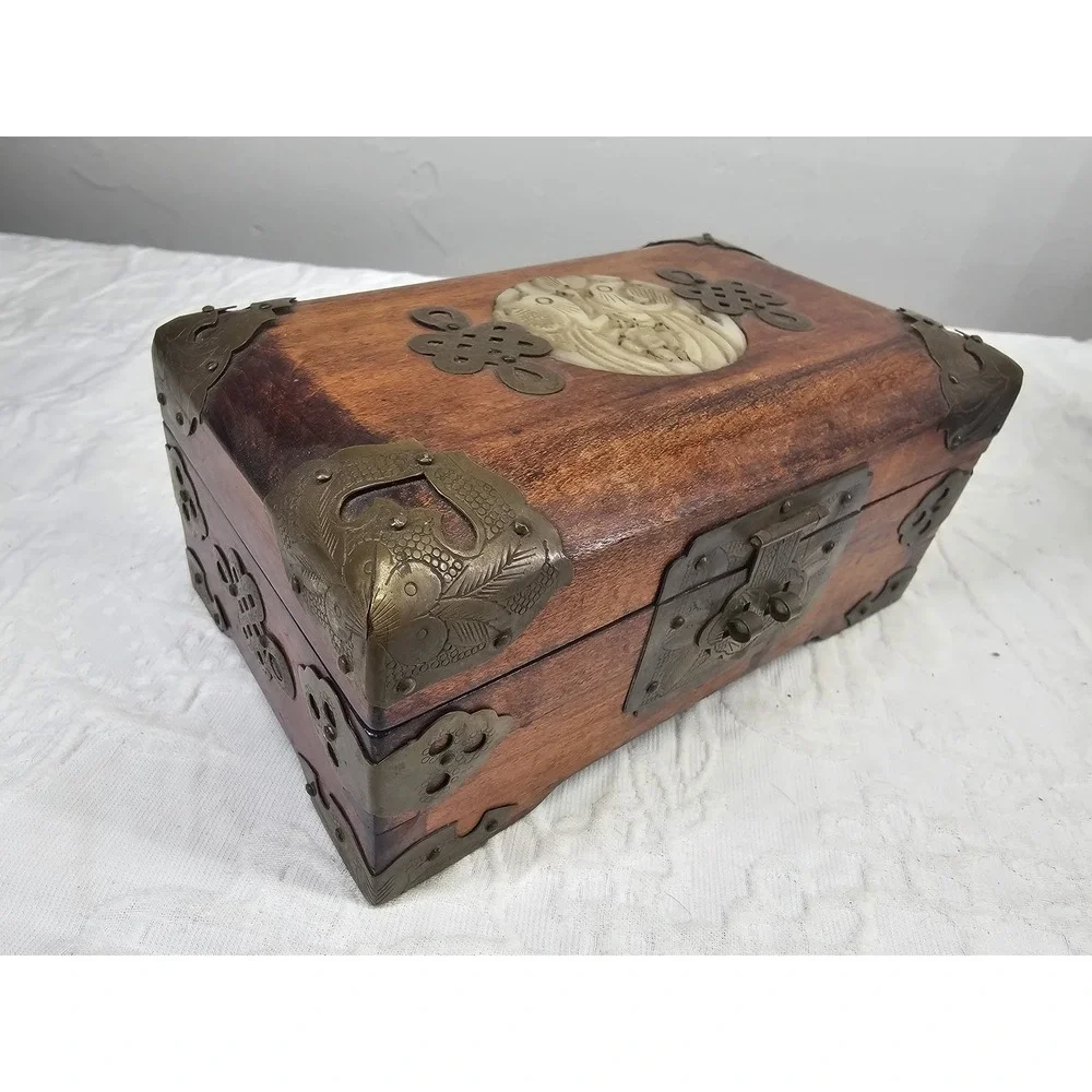 Vintage Wood Brass Jade Jewelry Box Carved Jade Inlay Shanghai‎ green Silk
